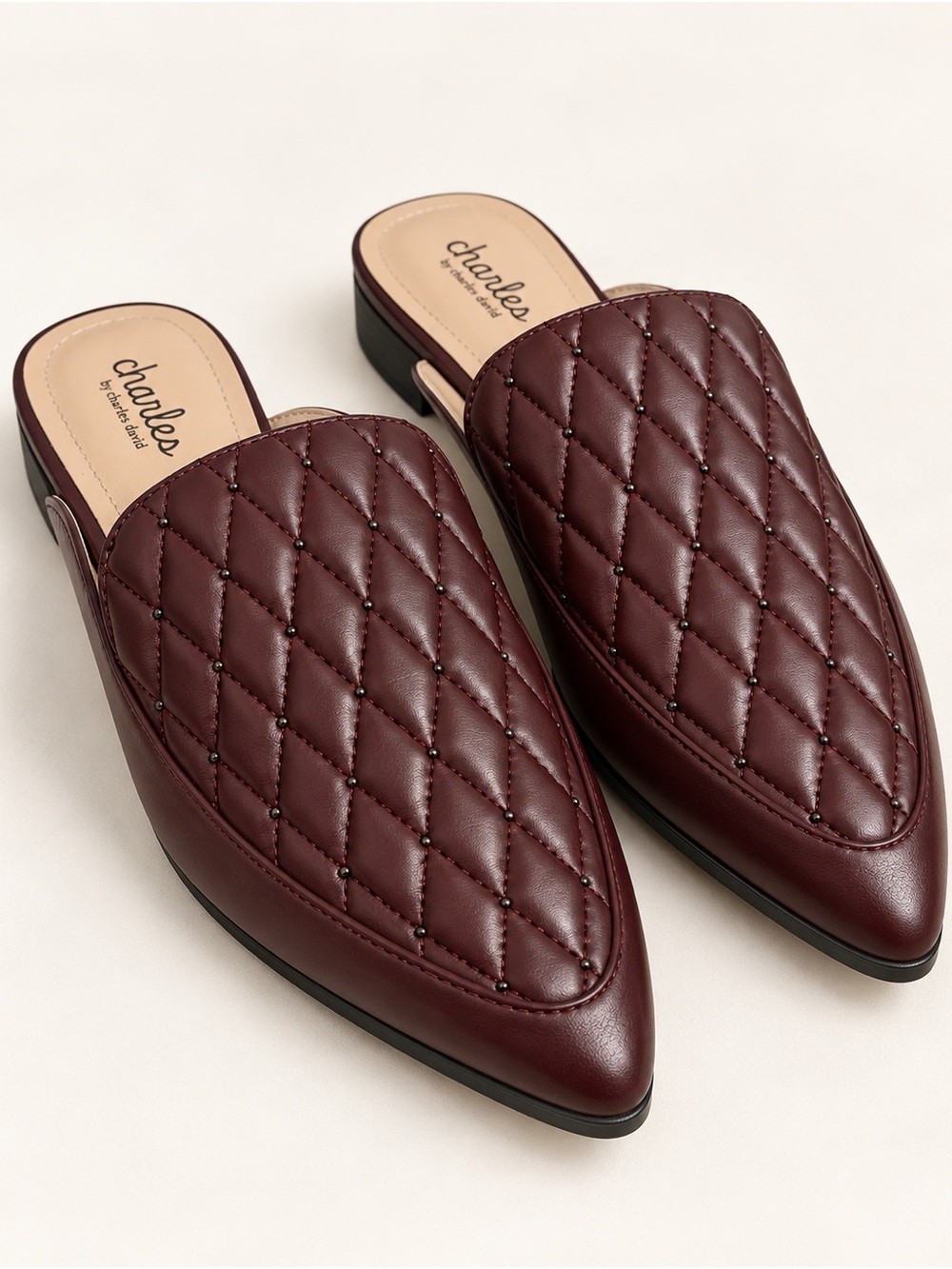 Charles by Charles David Quilted Wine Leather Mules